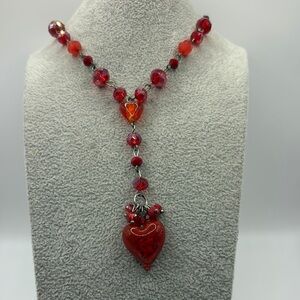 Pier 1 Vibrant Murano Red Heart Beaded Rosary Style Necklace Vintage